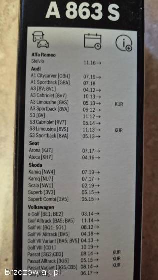 Pióra wycieraczek Bosch Aero Twin A863S A282H Audi Skoda Vw Seat
