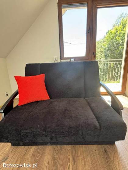 Rozkładana kanapa w klasycznym stylu – czarna z czerwoną poduszką