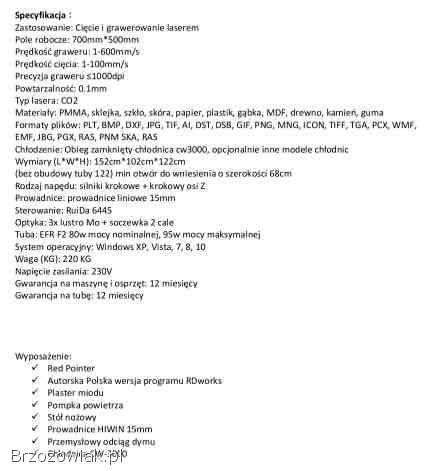 NOWY ploter laserowy laser grawer CO2 50x70 80W cięcie -  na gwarancji